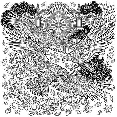 Dive into a unique blend of nature and mystery with this captivating Gothic Condors Autumn coloring page. Perfect for those who appreciate intricate designs and the rich beauty of the fall season combined with a touch of dark elegance.