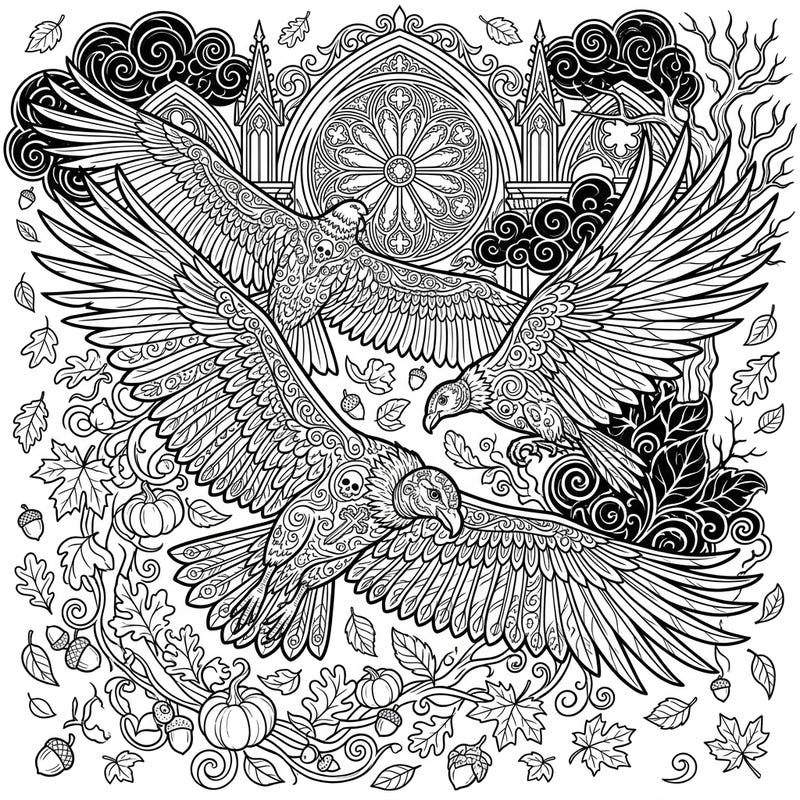 Dive into a unique blend of nature and mystery with this captivating Gothic Condors Autumn coloring page. Perfect for those who appreciate intricate designs and the rich beauty of the fall season combined with a touch of dark elegance.