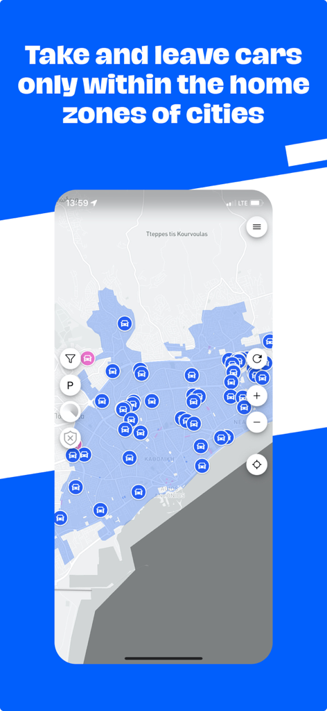 RideNow - Carsharing - RideNow app map interface showing available car locations within city home zones