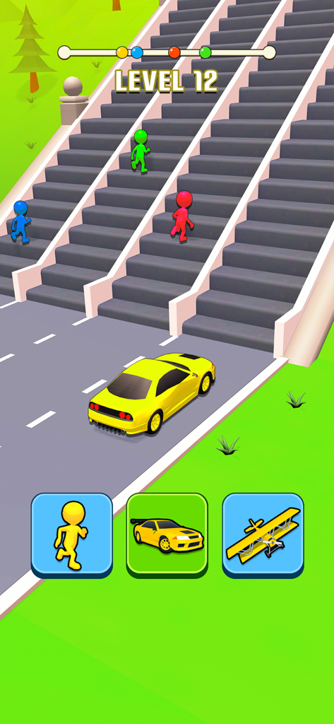 Shape Transform: Shifting Car - Gameplay of Shape Transform Shifting Car showing a car approaching stairs and icons to switch between car person and plane