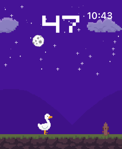 Pixel art gameplay of Naughty Duck on Apple Watch featuring a duck under a starry night sky with a score counter