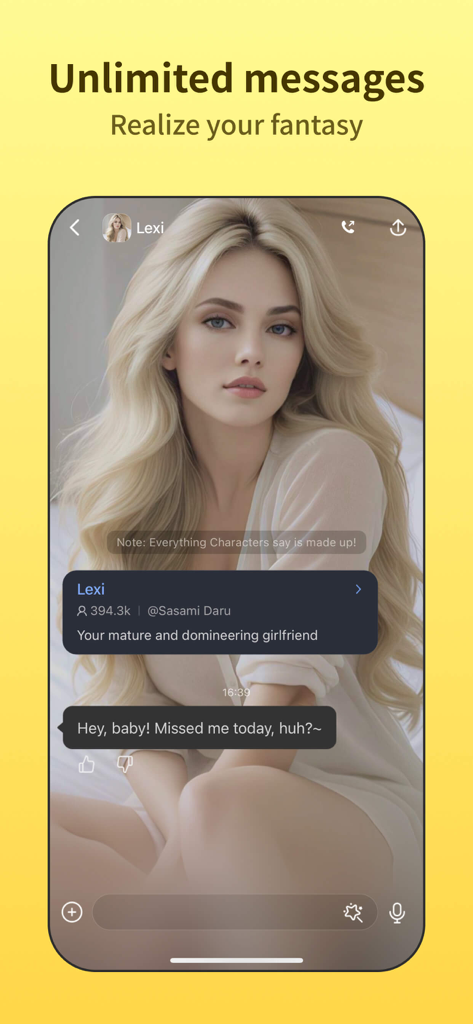 Mobile interface of Hi.AI app showing a chat screen with an AI character named Lexi described as a girlfriend.
