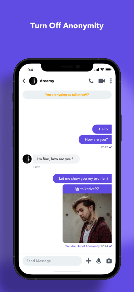 Tela de smartphone mostrando um usuário revelando sua identidade de perfil em uma conversa de chat anônimo