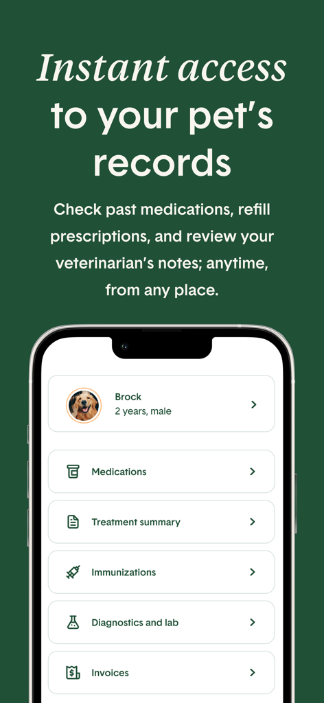 Juno Vet - Mobile app interface of Juno Vet showing a pet's medical history and treatment summaries