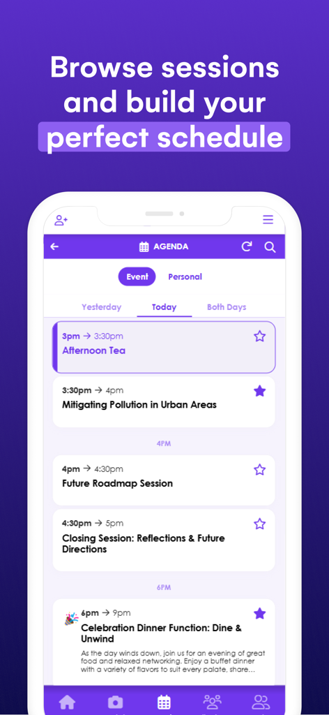 The Event App agenda screen showing daily sessions and professional event schedules