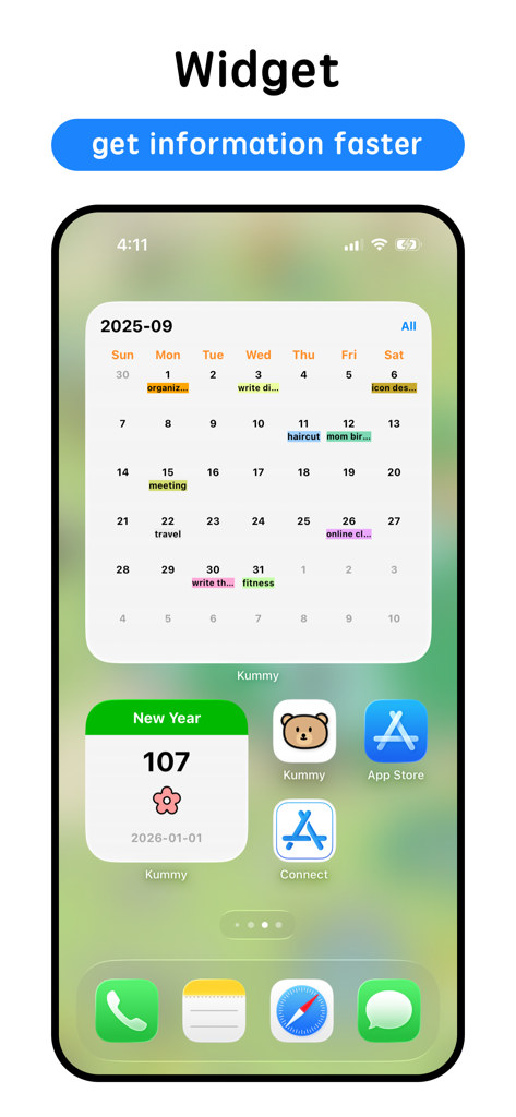 Kummy - Planner & Calendar - Kummy app home screen widgets featuring a monthly calendar and a New Year countdown