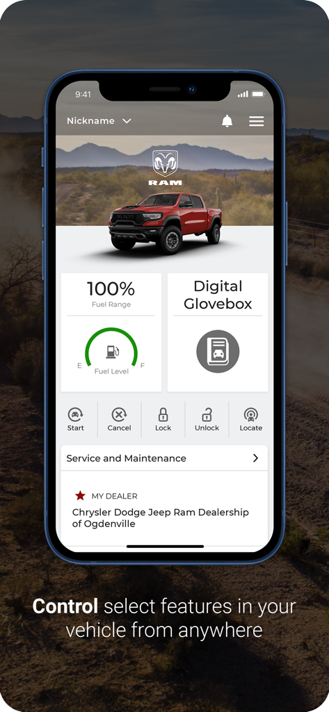 RAM® - RAM app dashboard showing fuel level and remote vehicle control features