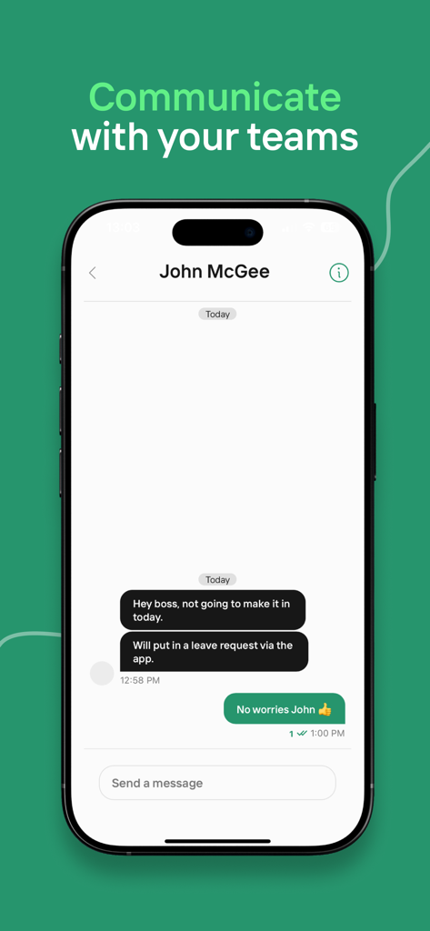 Tela de aplicativo móvel mostrando uma interface de chat entre um funcionário e um gerente sobre folgas e presença