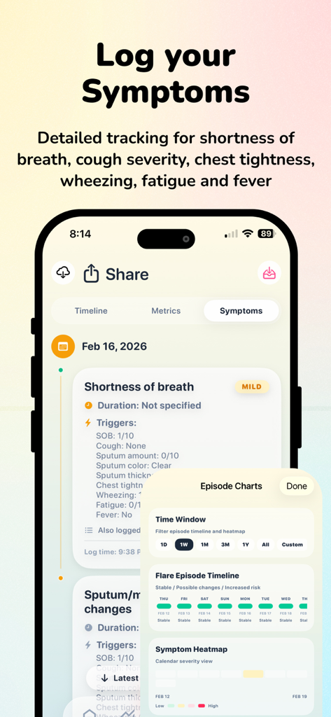 Blood Oxygen Monitor - OxyByte - OxyByte app interface showing respiratory symptom logging and flare episode charts.