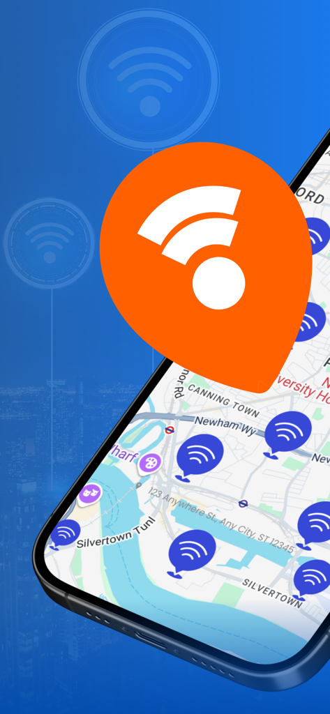 Un écran de téléphone portable affichant une carte géographique avec plusieurs marqueurs de localisation de signal WiFi