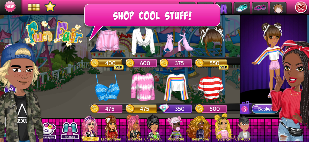 MovieStarPlanet: Classic - Interfaz de una tienda de ropa en el juego en MovieStarPlanet Classic que muestra varios artículos de moda para avatares