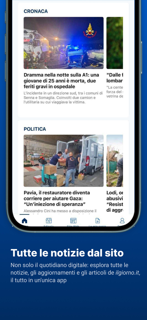 IL GIORNO - Screenshot der Il Giorno mobilen App, die italienische Nachrichtenbereiche für lokale Chroniken und Politik zeigt