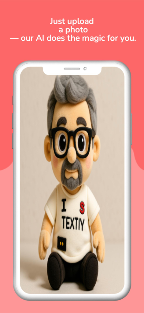 PlushMe – AI Doll Maker - Smartphone screen showing an AI generated plush doll version of a man with glasses and a grey beard