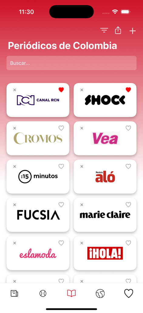 Periódicos de Colombia - Interfaz de la aplicación Periódicos de Colombia mostrando una selección de revistas colombianas como Canal RCN Shock y Cromos