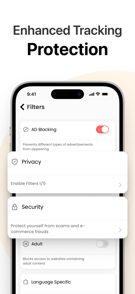 Ad Blocker · - Mobile app interface showing enhanced tracking protection privacy and security filters