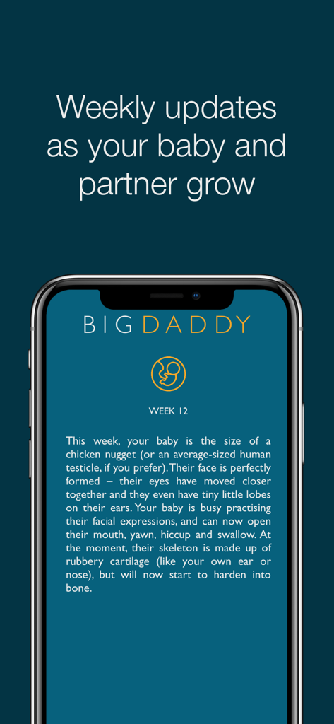 Big Daddy: Pregnancy Tracker - Big Daddy app interface showing a week 12 pregnancy update with baby size comparison and development facts for fathers.