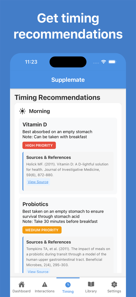 Supplemate: Supplement Tracker - Supplemate app screen showing optimal timing recommendations for supplements with scientific references