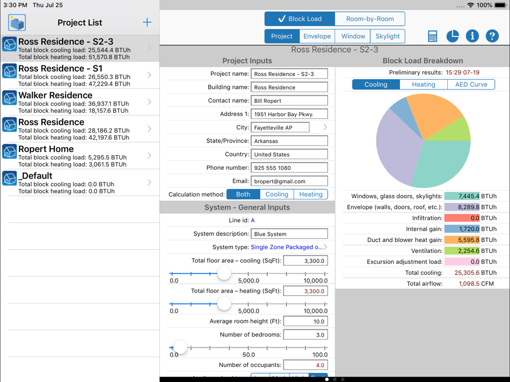 HVAC ResLoad-J - HVAC ResLoad-J app on iPad showing residential load calculation project inputs and a breakdown pie chart