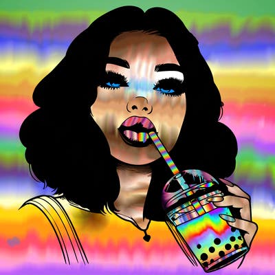 realistic girl with glossy lips holding boba