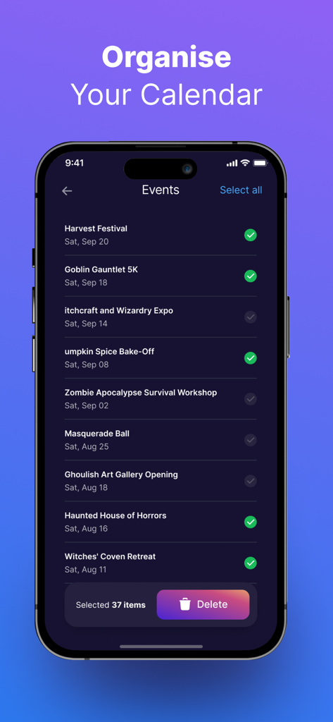 iCleanUp: Clean Duplicates - Interface of iCleanUp app showing a list of calendar events with options to select and delete items