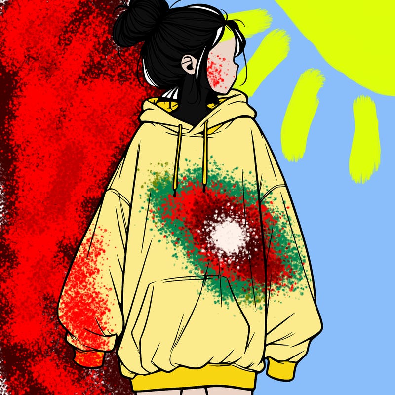 realistic girl with a oversized sweatshirt on and a bun