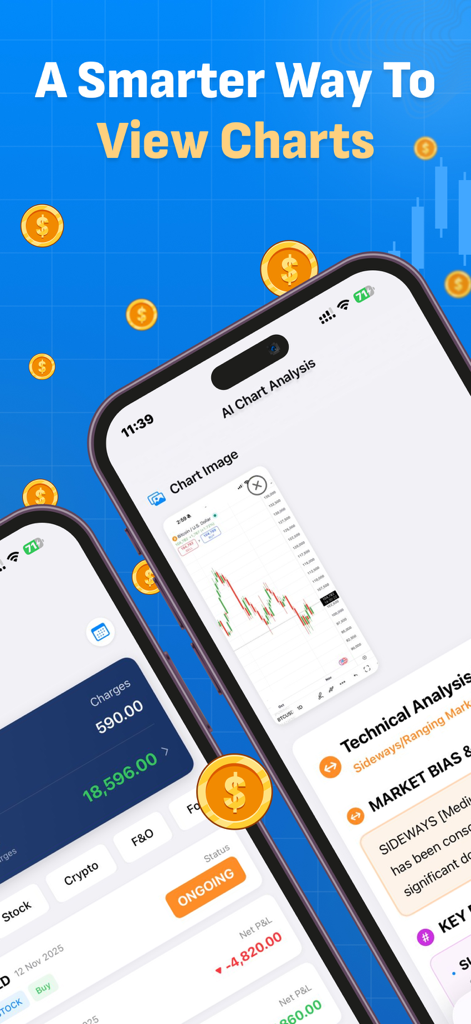 Stock Trading Journal - Stock Trading Journal app interface showing AI chart analysis and technical indicators on a mobile screen