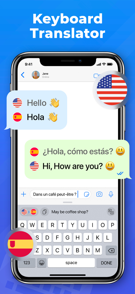 OkTalk: Keyboard Translator - iPhone displaying OkTalk keyboard translator feature within a messaging app showing English and Spanish translations