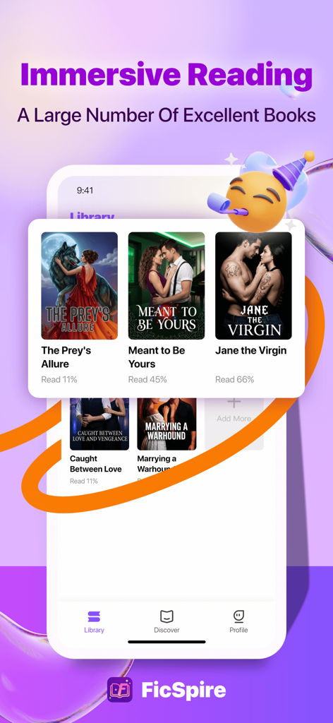 FicSpire app library interface displaying various romance and werewolf book covers