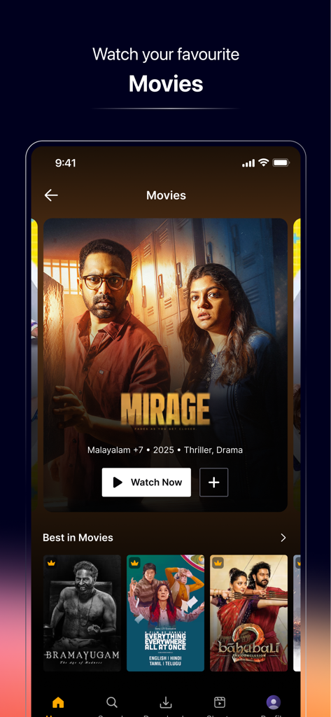 Sony LIV - Screenshot dell'app Sony LIV che mostra la sezione film con titoli di film regionali indiani e internazionali come Mirage, Bramayugam e Bahubali 2.