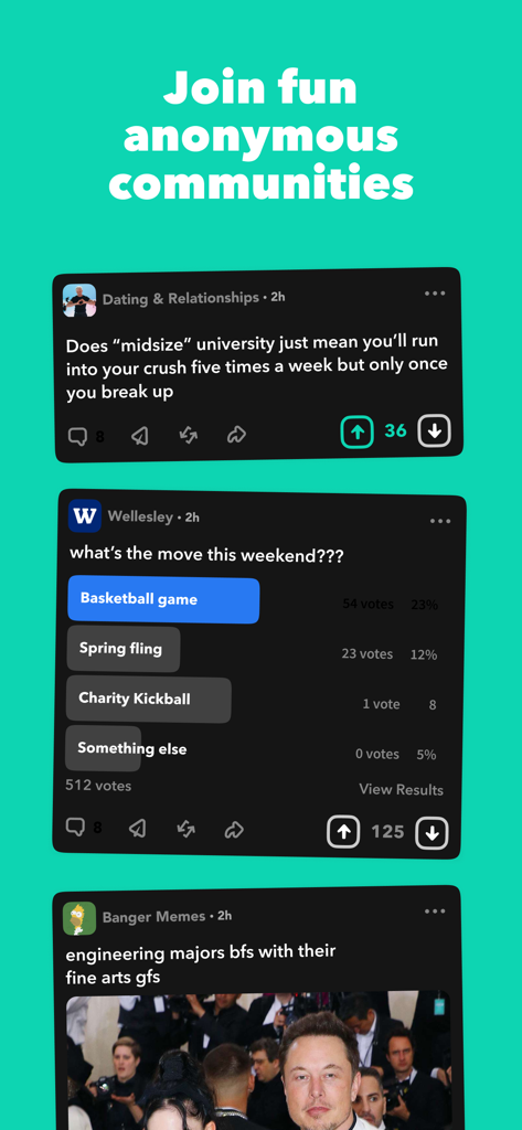 Yik Yak app interface showing anonymous posts and polls from local communities