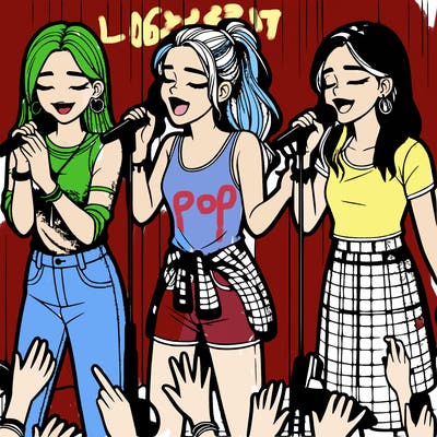 2 realistic teenage girls singing on stage