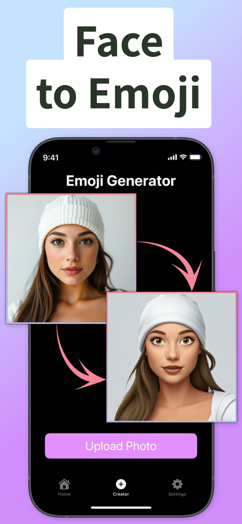 Eine mobile Oberfläche, die die Umwandlung eines Fotos einer Person in ein benutzerdefiniertes KI-generiertes Emoji zeigt.