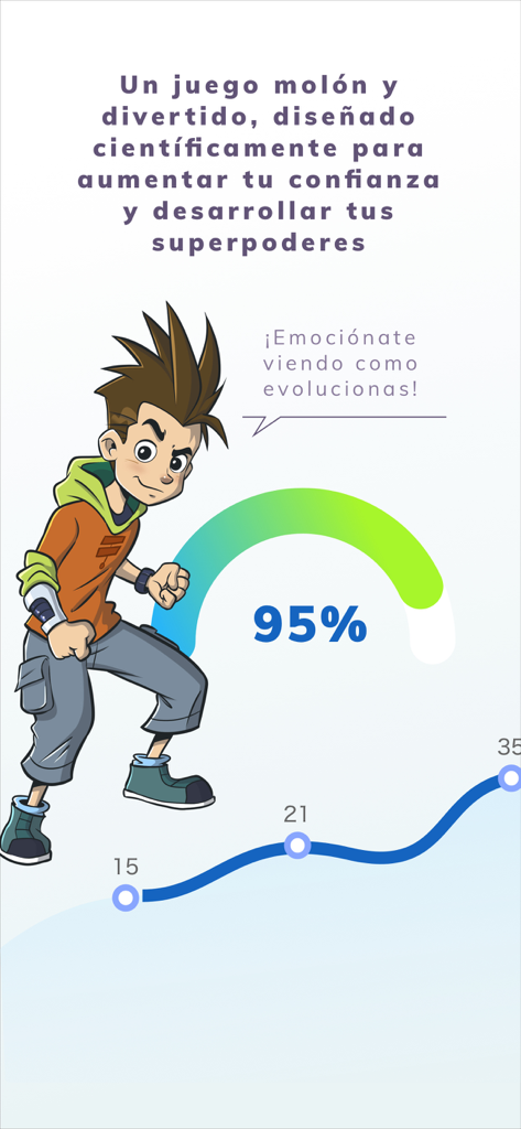 Dytective para la dislexia - Capture d'écran de l'application Dytective pour la dyslexie montrant un personnage de dessin animé et un suivi scientifique des progrès avec 95 % de réussite