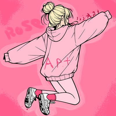 realistic girl jumping with a bun and oversized sweatshirt