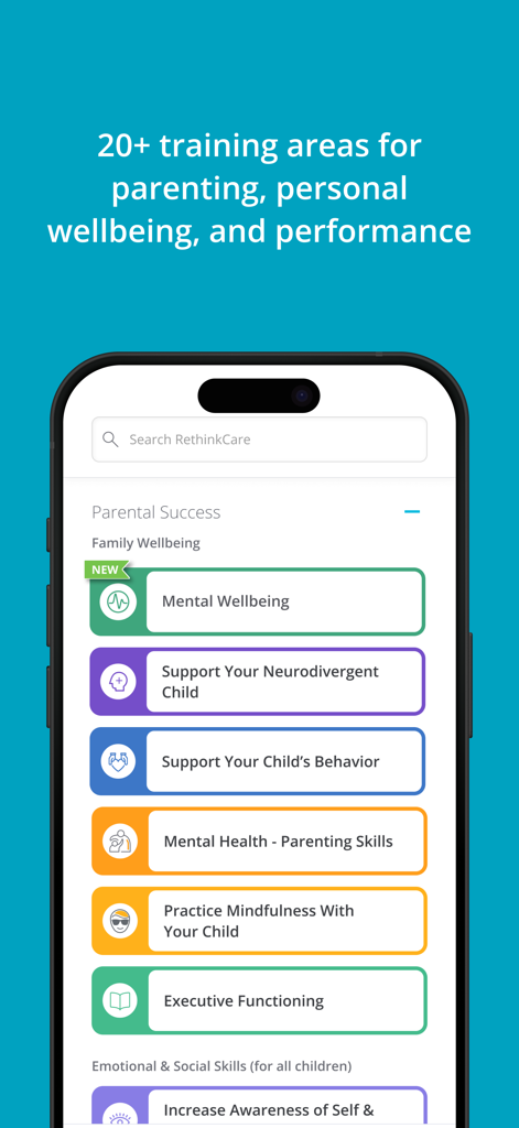 RethinkCare - Mobile interface of RethinkCare app displaying various parenting training categories like mental wellbeing and neurodiversity support.