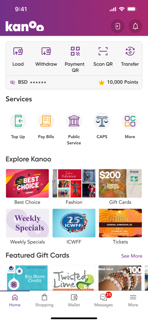 Pantalla de inicio de la billetera digital Kanoo que muestra servicios financieros y ofertas de compras