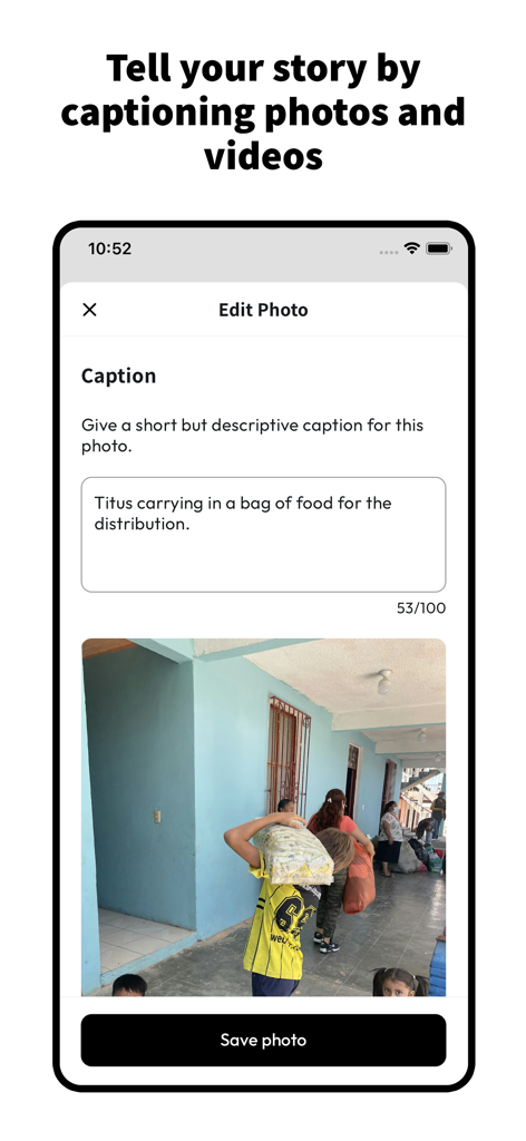 Epistle - Interface for adding a caption to a missionary photo in the Epistle app