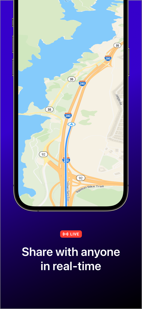 Bluelane - Bluelane app interface showing a live route on a map for real-time location sharing