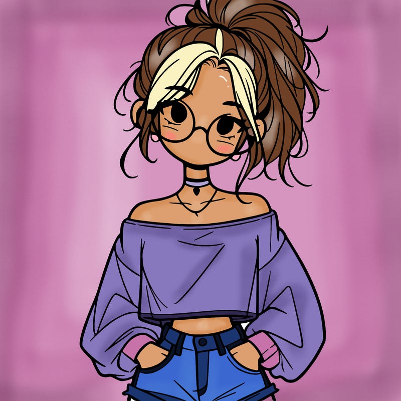 girl with a messy ponytail glasses a baggy crop top and jean shorts