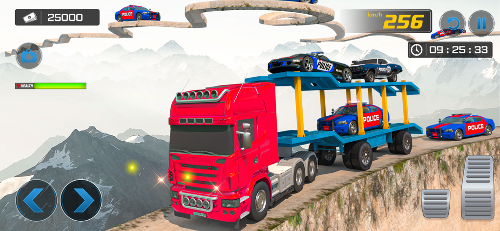 Dream Police Truck Transporter - A red police truck carrying cars on a mountain road with a game interface.