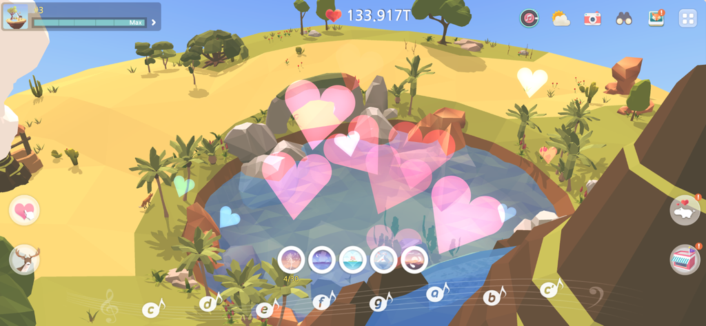 Peaceful low poly island with floating hearts and musical notes in My Oasis game