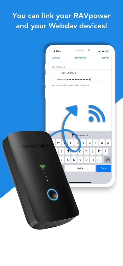 Interfaz de la app Total Files mostrando cómo vincular un dispositivo RAVpower y Webdav para la gestión de almacenamiento externo.