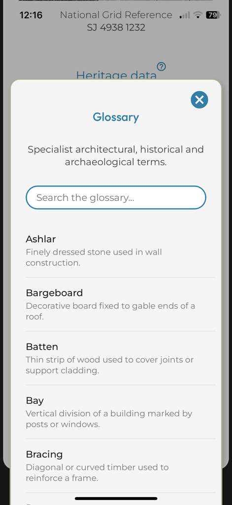 HistoMap Shrewsbury - ヒストマップ・シュルーズベリーの建築・歴史用語集画面。アスラーやバルジボードなどの用語が表示されています。