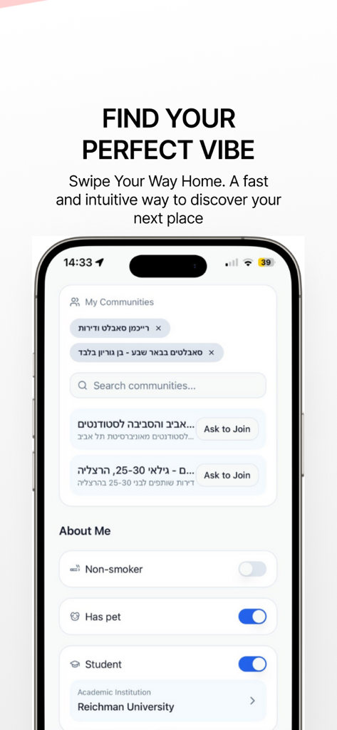 Roomly - Match & Move - Roomly app interface showing community search and user lifestyle toggles for pets and student status
