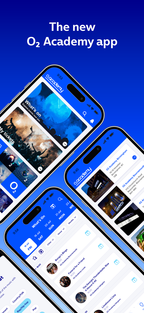 Interface do aplicativo O2 Academy Venues mostrando agendas de eventos de música ao vivo e reserva de ingressos.