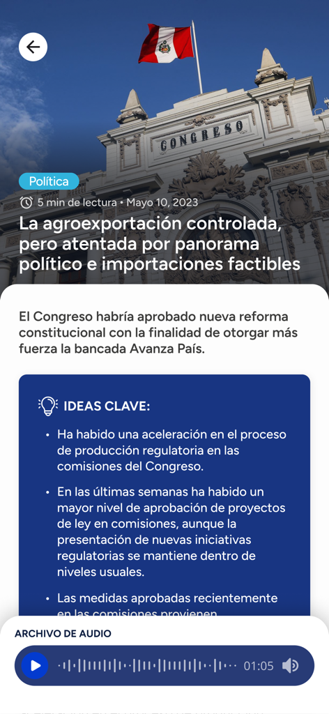 SAE App - Political analysis report screen in the SAE App showing an executive summary and audio playback feature