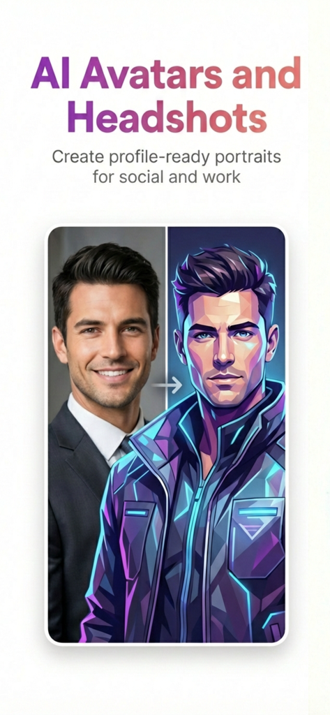 AI Photo Generator. - Ein geteilter Bildschirm, der ein professionelles männliches Headshot zeigt, das in einen stilisierten geometrischen KI-Avatar verwandelt wurde
