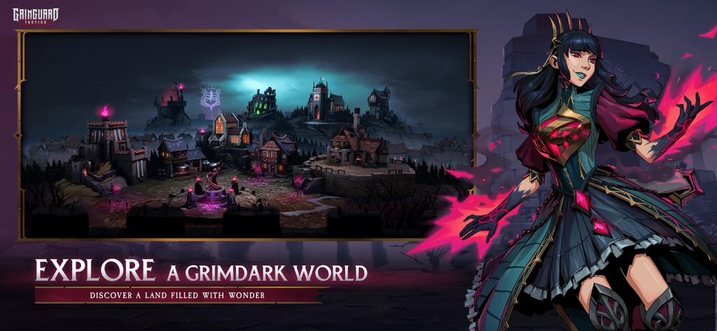 Grimguard Tactics: Fantasy RPG - A dark fantasy village and a female hero with purple magical energy in Grimguard Tactics.