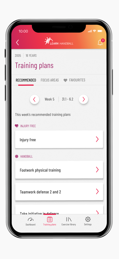 Learn Handball - Tela do aplicativo Learn Handball mostrando planos de treino semanais recomendados para treinadores juvenis