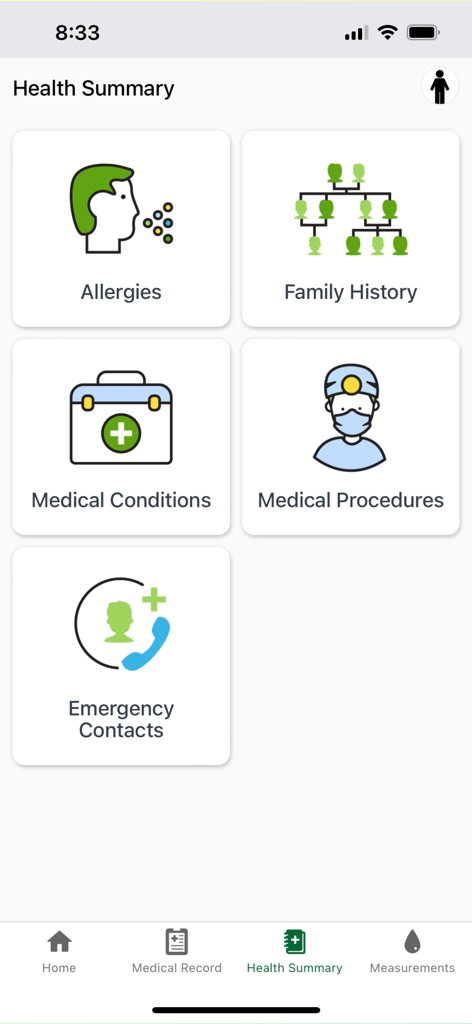 Panel Resumen de Salud de la aplicación MySaskHealthRecord que muestra iconos de alergias, historial familiar y condiciones médicas